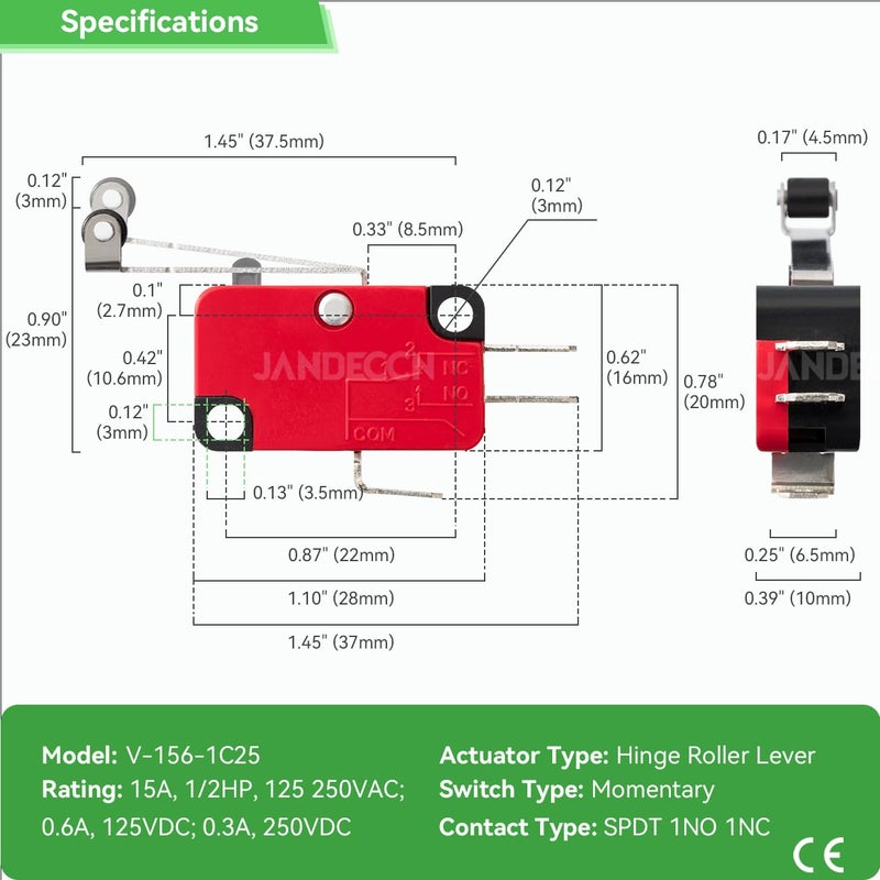 JANDECCN 10 قطع مفتاح حد مفصلي مع ذراع رافعة دوارة، SPDT 1NO 1NC مفتاح ميكرو سريع العمل V-156-1C25 - Image 5